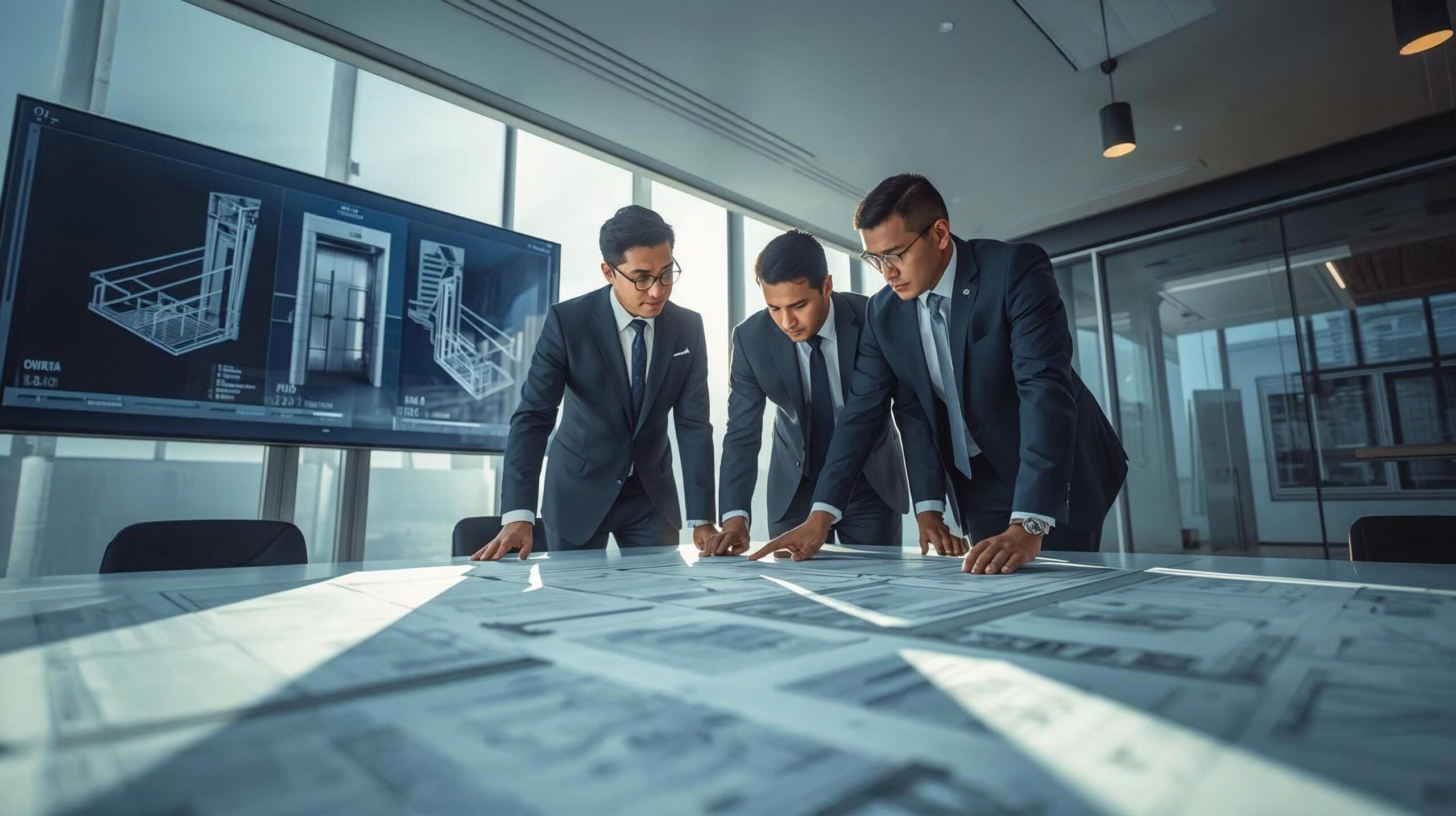 architects and engineers discussing elevator design blueprints in a modern office — digital screens showing 3d elevator models — creative, professional, and visionary atmosphere.