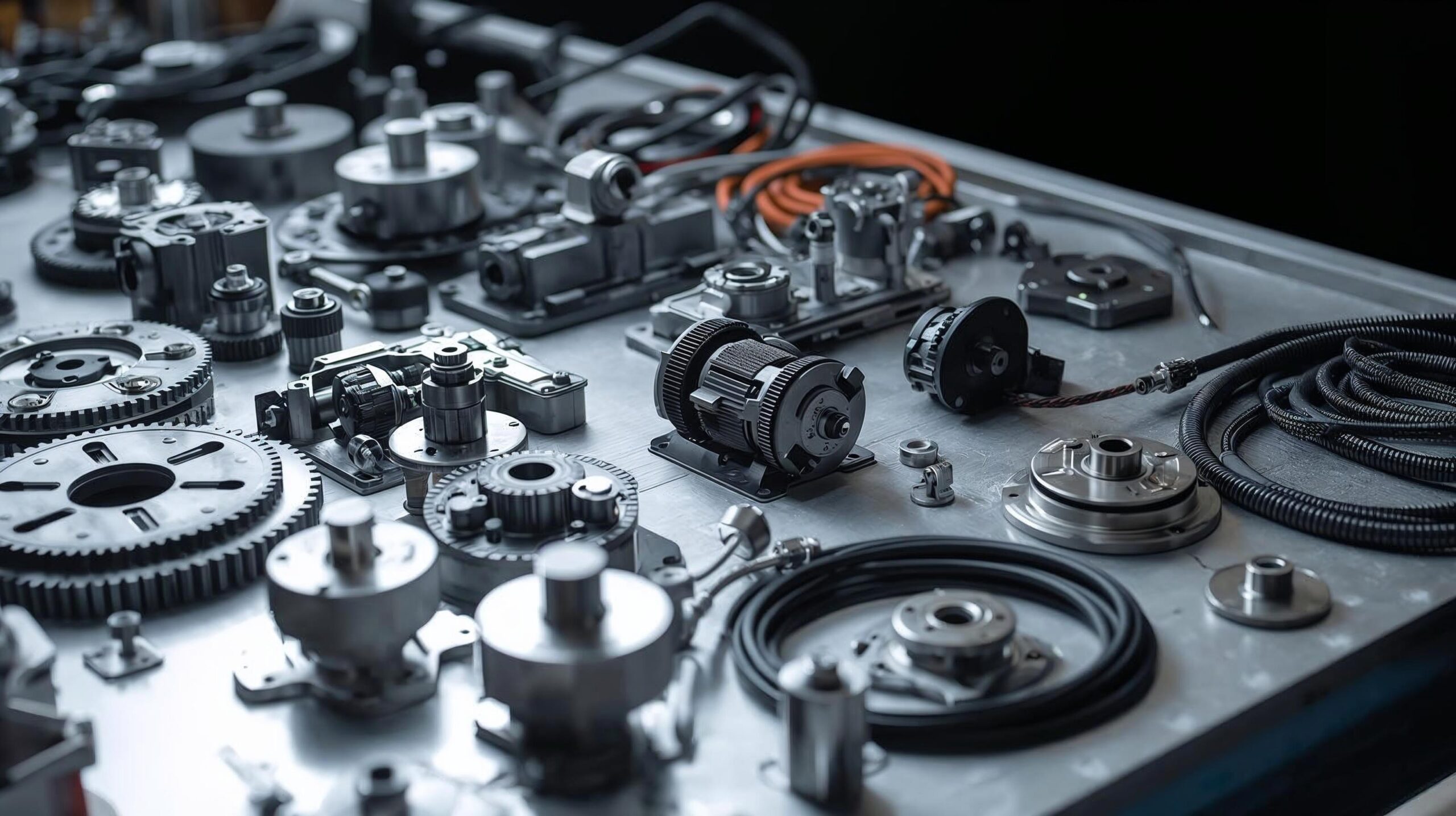 close up of genuine elevator spare parts neatly arranged on a workshop table — gears, motors, cables — professional lighting, mechanical detail, industrial realism.