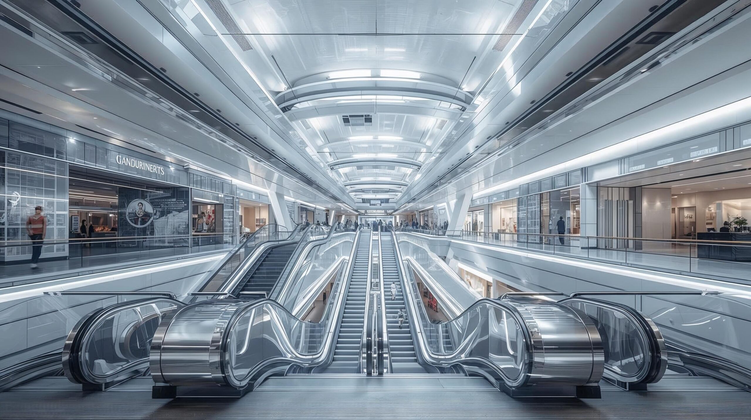 modern shopping mall interior with shining escalators and moving walkways — futuristic design, bright lighting, clean metallic finishes, elegant architectural composition — ultra realistic.