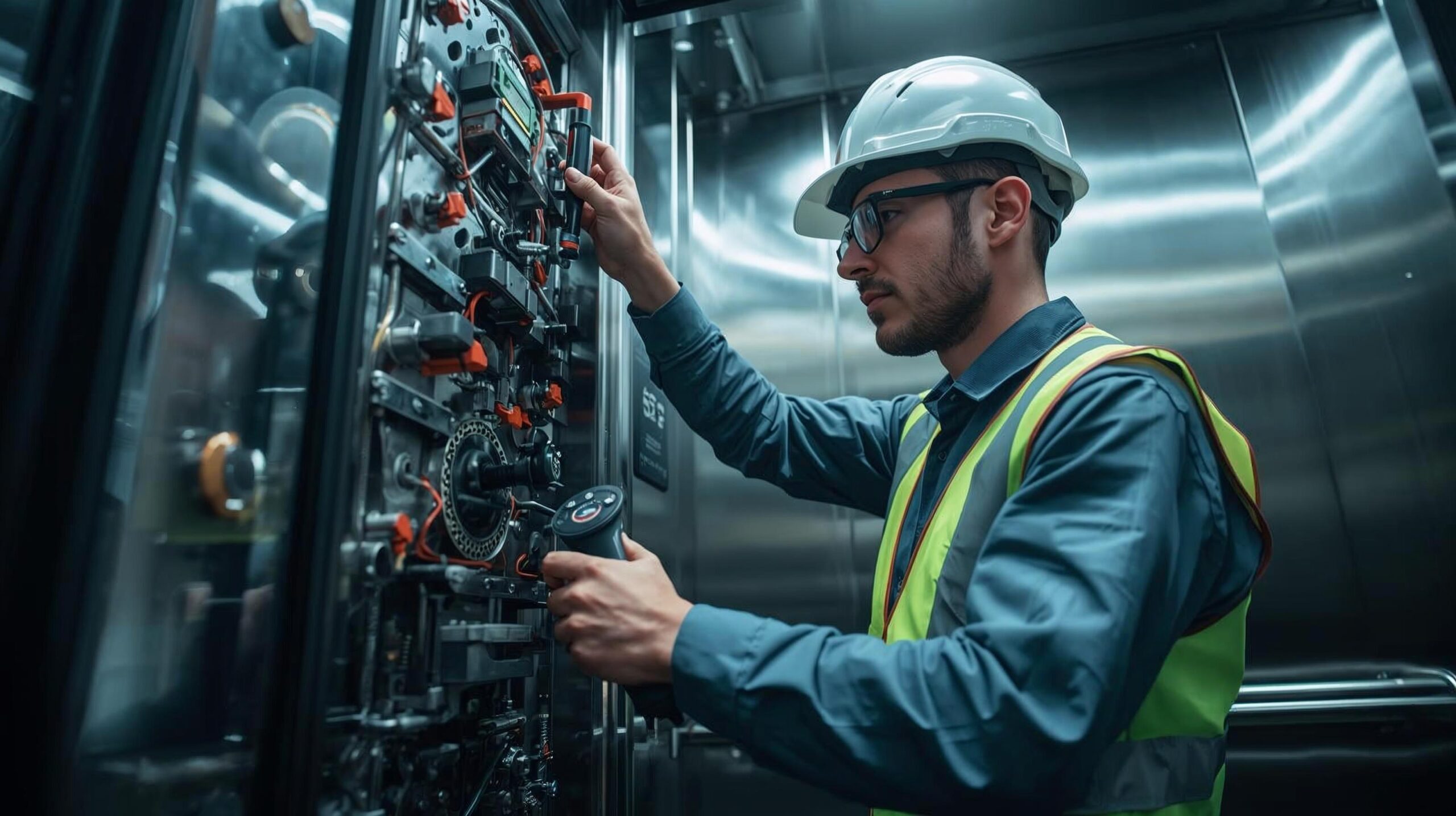 professional elevator maintenance technician inspecting elevator components with tools — focus on safety, reliability, and precision — clean and modern technical environment.