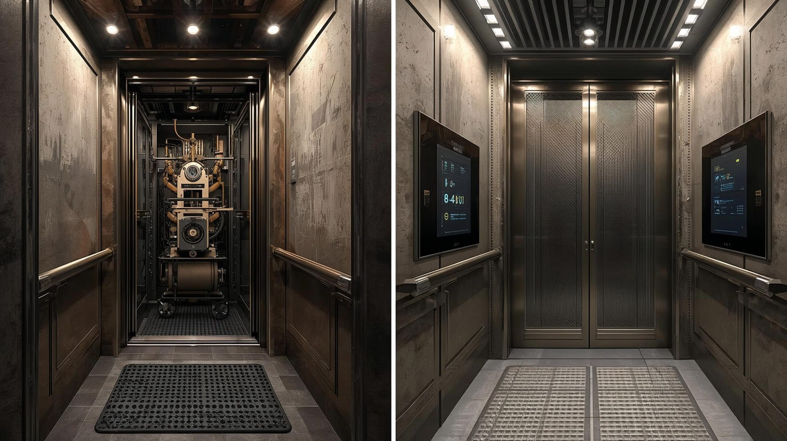 technician modernizing an old elevator system with new smart control panels — before and after concept — digital technology upgrade, precision engineering, realistic industrial photo.