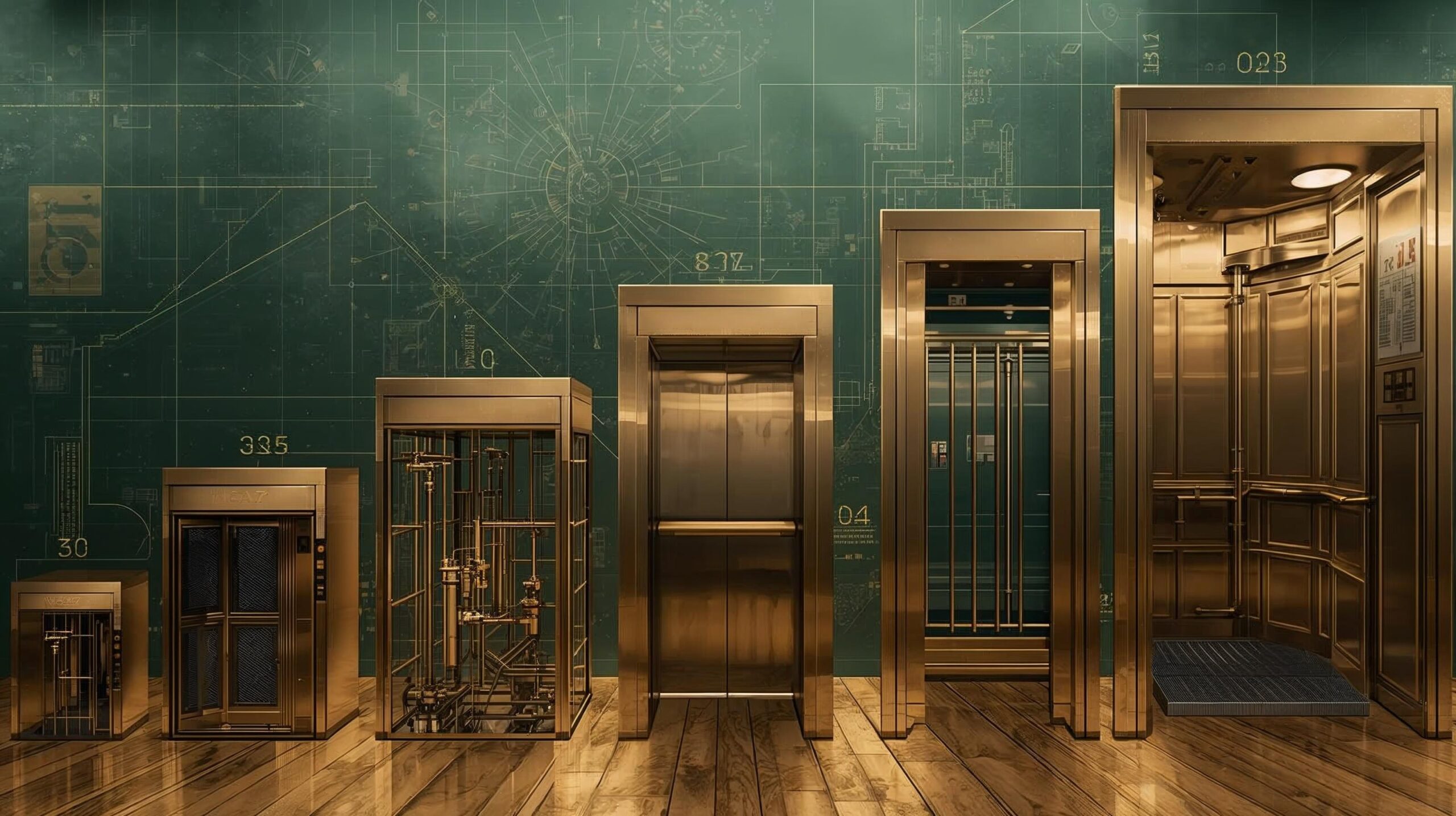 خلفية تعبر عن تطور المصاعد من الماضي إلى الحاضر، بتصميم معدني حديث وألوان دهبية وخضراء ، ترمز إلى الابتكار والإرث الصناعي للشركة.