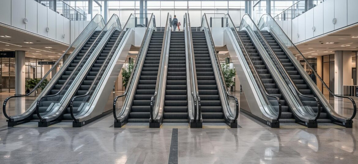 سلم كهربائي ماركة فوجي ومتسوبيشي و شيندلر في صورة واحدة داخل مبنى تجاري كبير