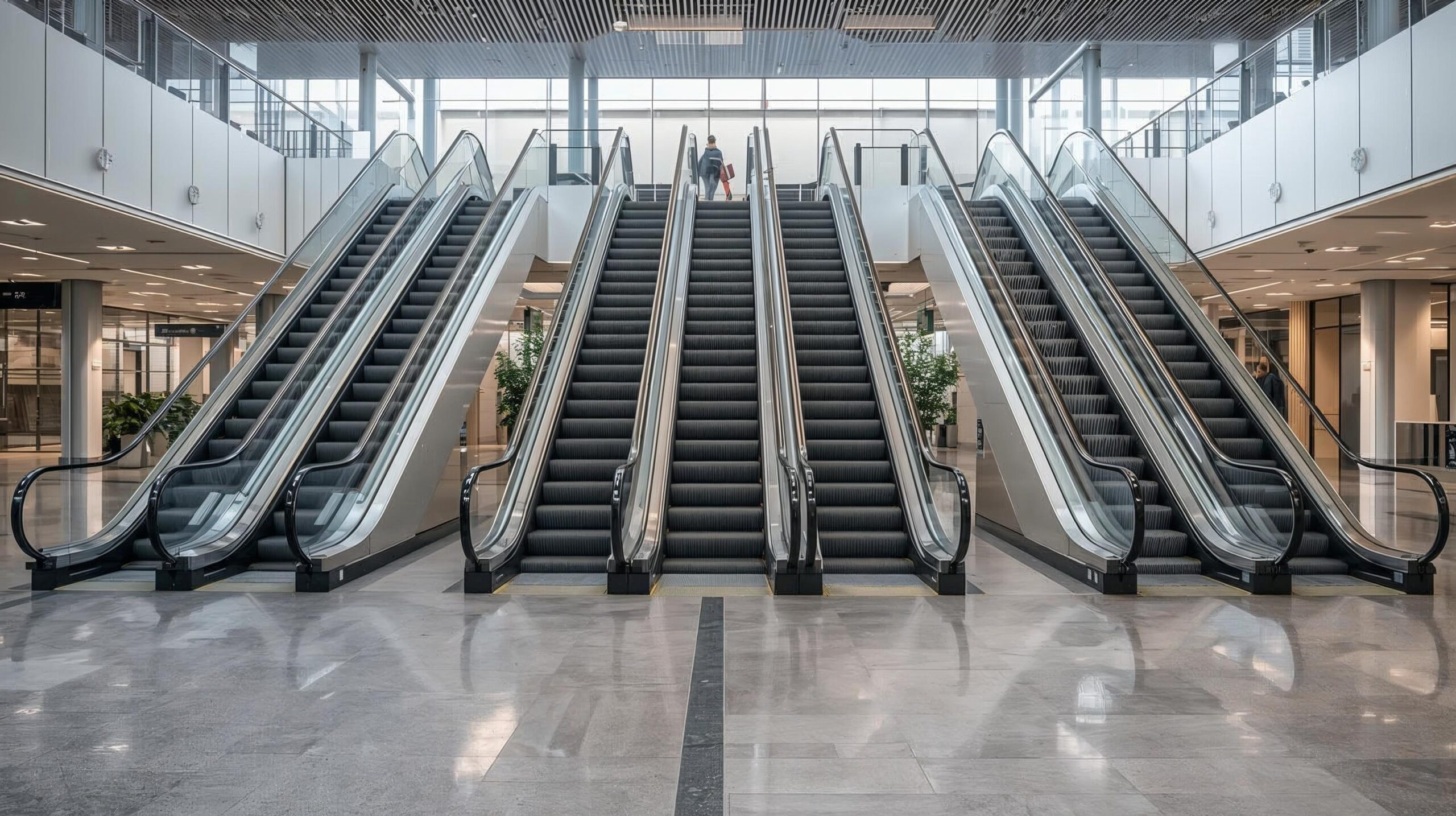 سلم كهربائي ماركة فوجي ومتسوبيشي و شيندلر في صورة واحدة داخل مبنى تجاري كبير