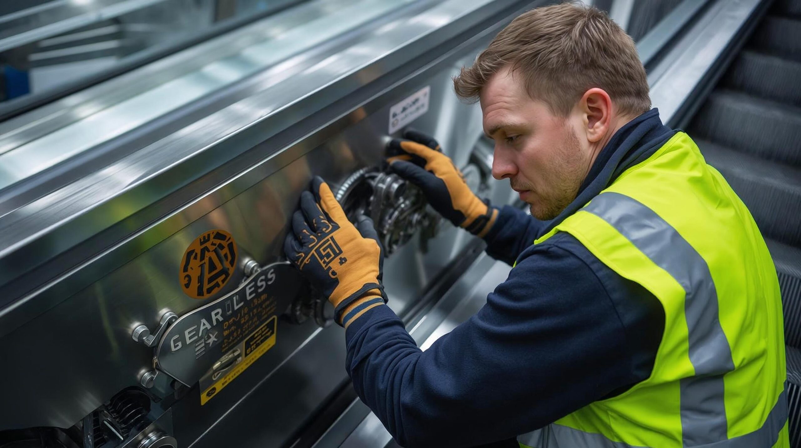صورة عامل صيانة يقوم بصيانة وتركيب سلم كهربائي مع وجود شعار باسم gearless elevator (2)